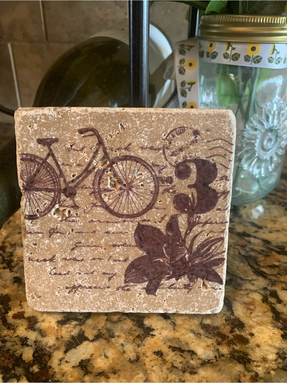 Travertine Beige and Brown Vintage Bicycle, Floral Motif, and #3 Accent Tile